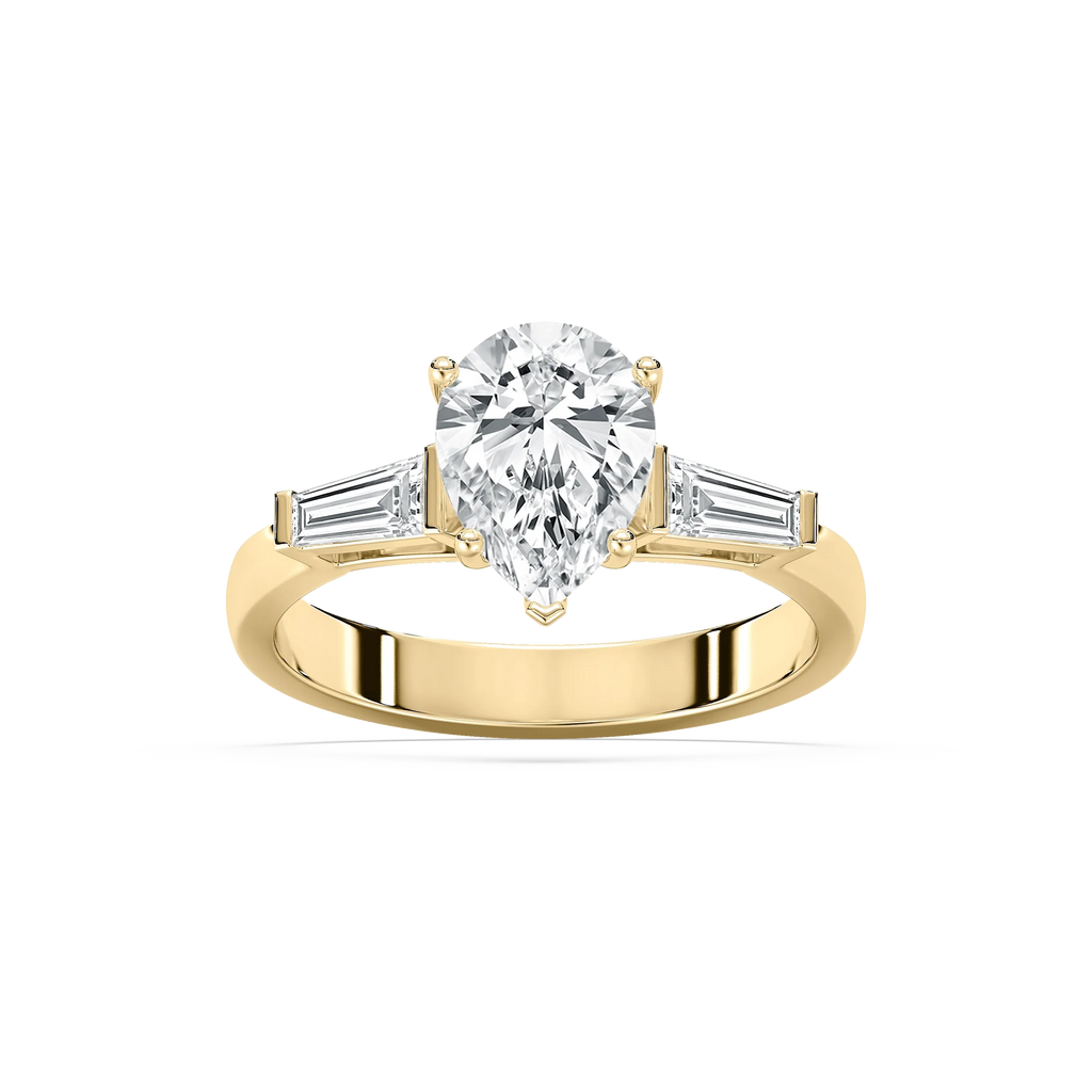 Abigail Pear LGD and Tapered Baguette Three Stone Engagement Ring - 14K Yellow Gold
