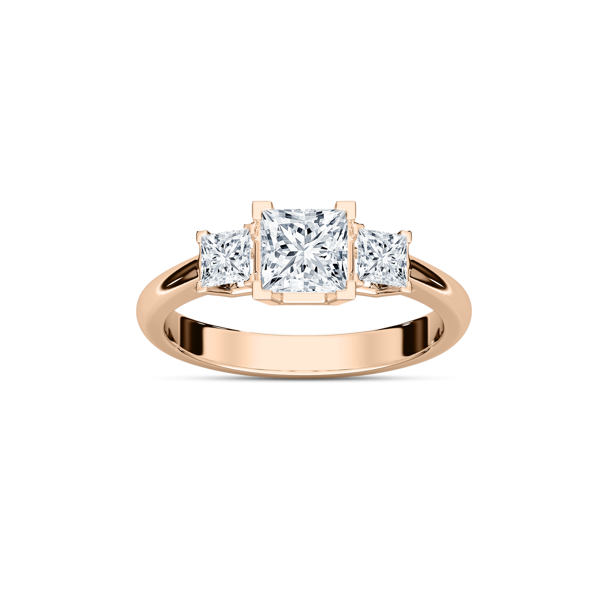 Emmie 1 ½ ctw Princess LGD Modern Three Stone Engagement Ring - 14K Rose Gold / D-VVS2