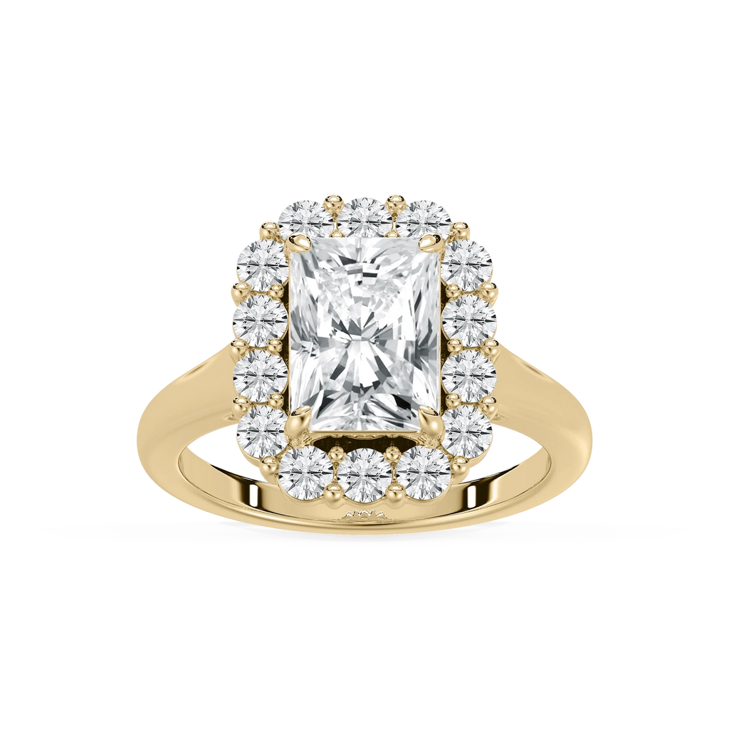 Elena 4 ctw Radiant LGD Cathedral Halo Engagement Ring - 14K Yellow Gold / F-VS2