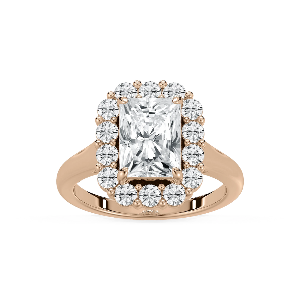 Elena 4 ctw Radiant LGD Cathedral Halo Engagement Ring - 14K Rose Gold / F-VS2