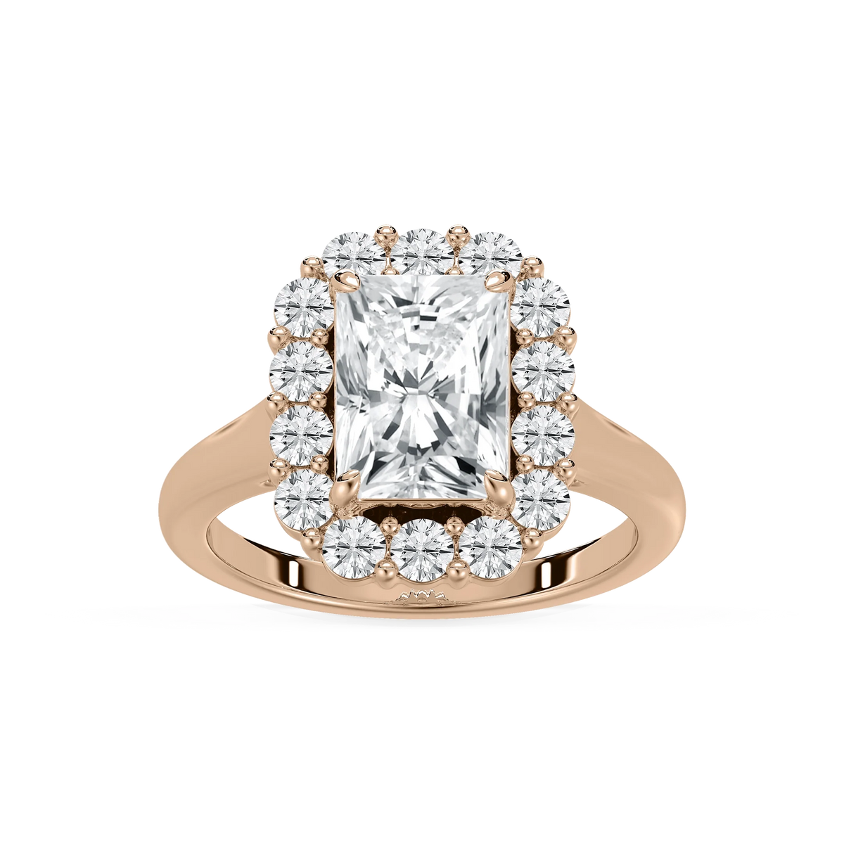 Elena 4 ctw Radiant LGD Cathedral Halo Engagement Ring - 14K Rose Gold / F-VS2