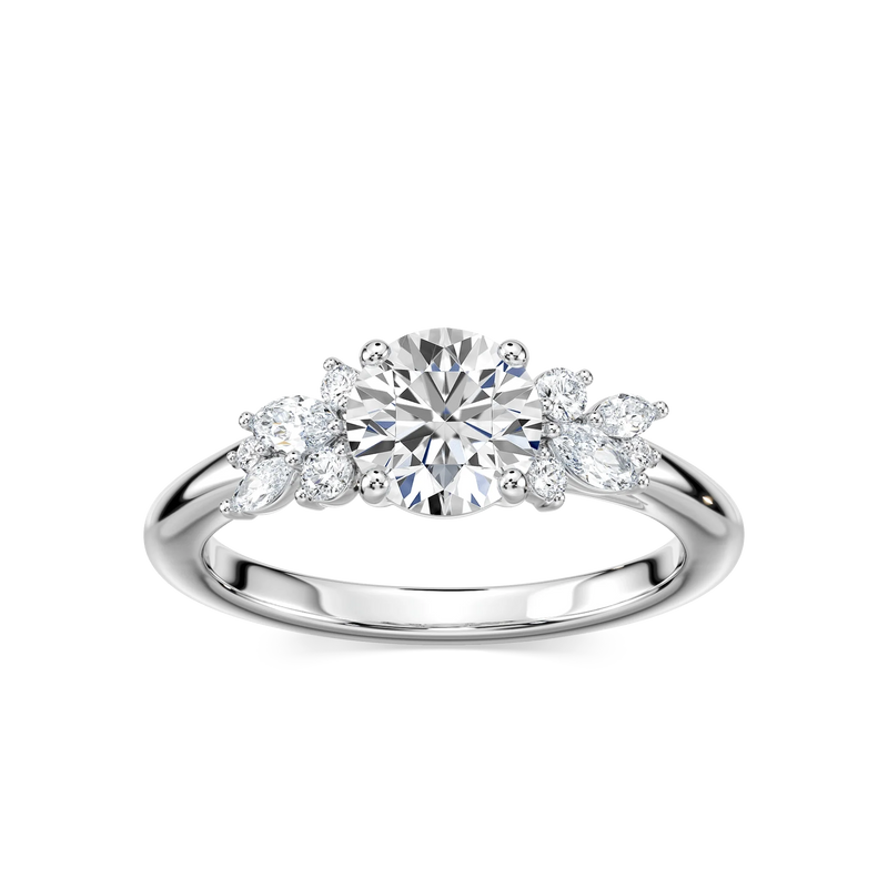 Clover Round LGD Flower Petal Side Stone Engagement Ring - 14K White Gold