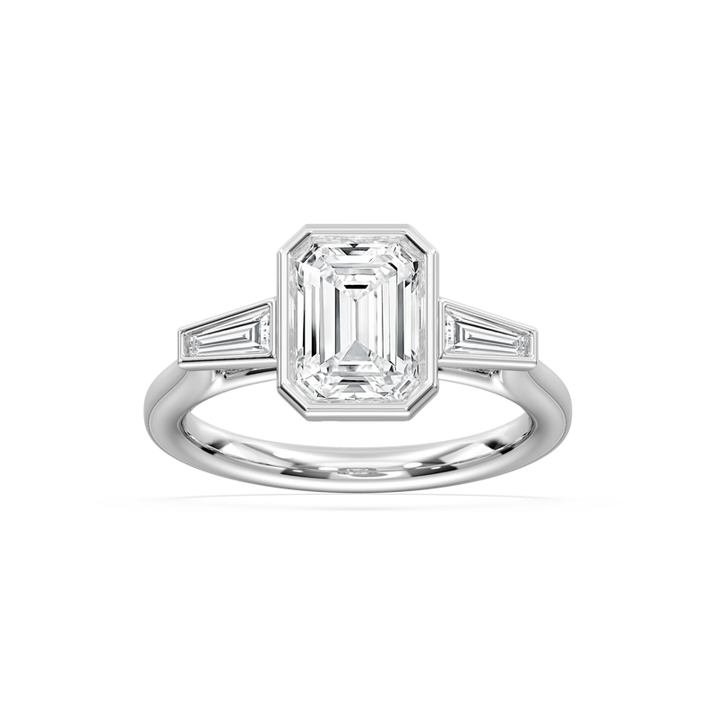 Sydney 2 ½ ctw Emerald LGD Couture Bezel Set Three Stone Engagement Ring - 14K White Gold / F-VS2
