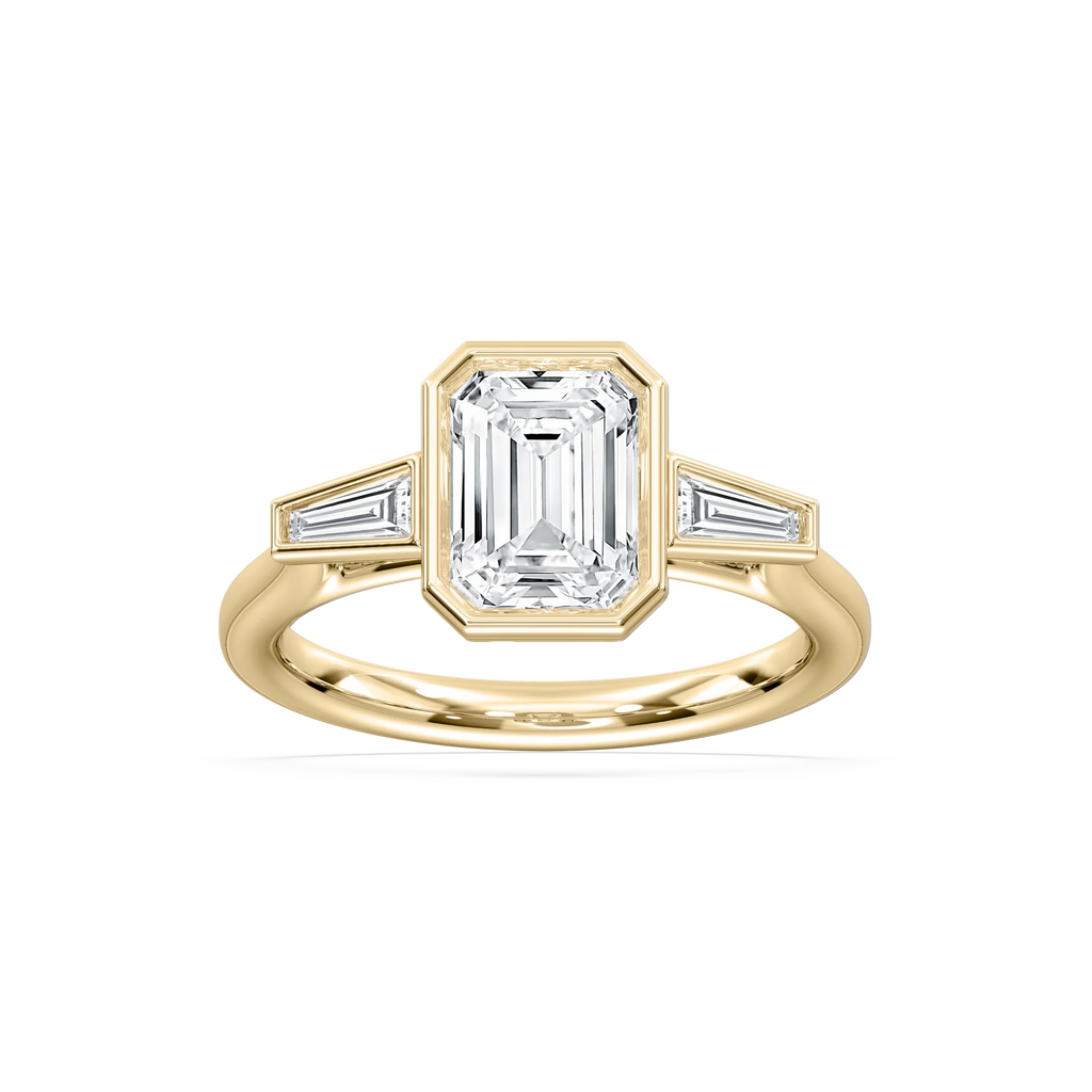 Sydney 2 ½ ctw Emerald LGD Couture Bezel Set Three Stone Engagement Ring - 14K Yellow Gold / F-VS2