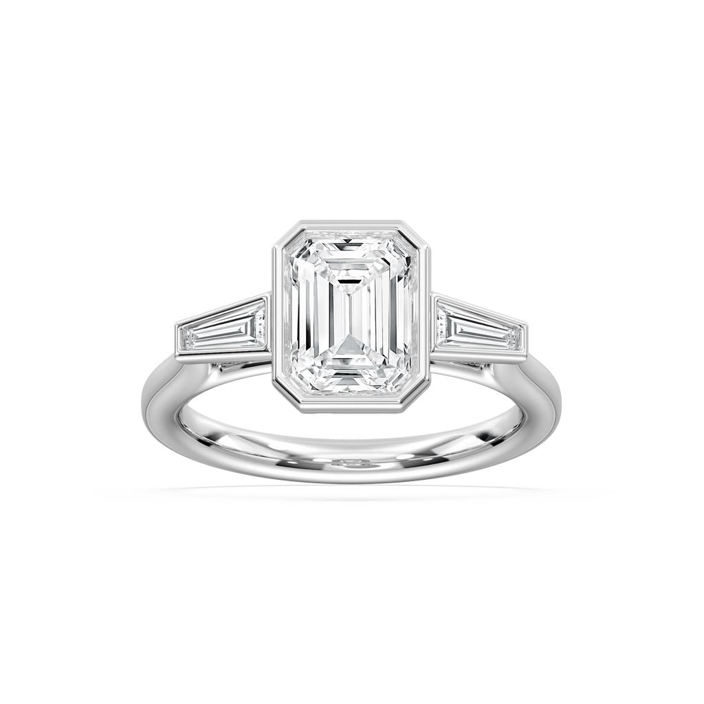 Sydney 2 ½ ctw Emerald LGD Couture Bezel Set Three Stone Engagement Ring - 14K White Gold / E-VS1