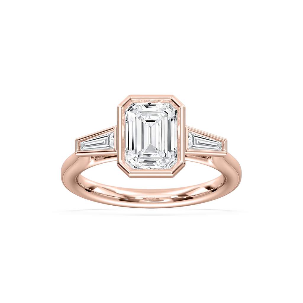 Sydney 2 ½ ctw Emerald LGD Couture Bezel Set Three Stone Engagement Ring - 14K Rose Gold / E-VS1