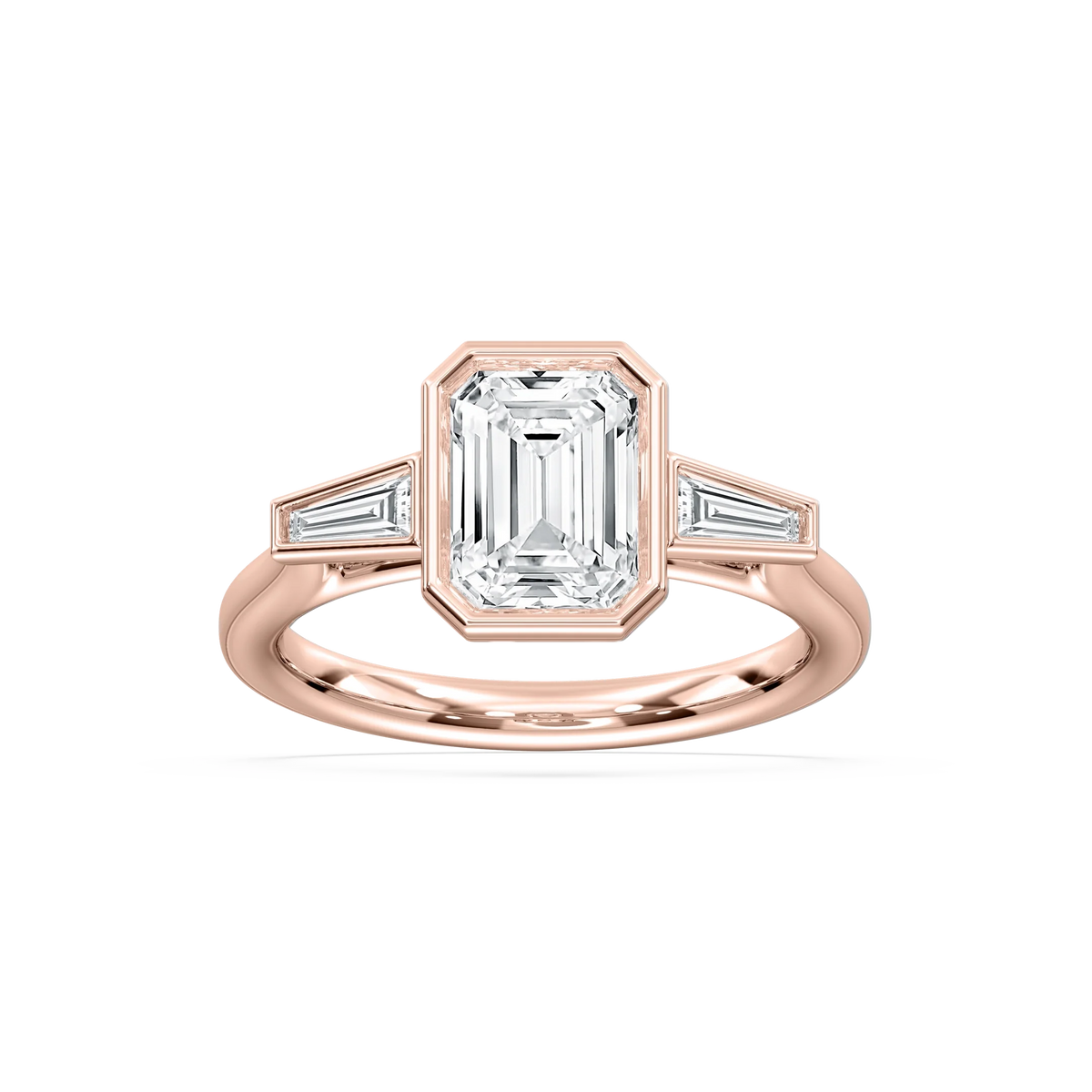 Sydney 2 ½ ctw Emerald LGD Couture Bezel Set Three Stone Engagement Ring - 14K Rose Gold / E-VS1
