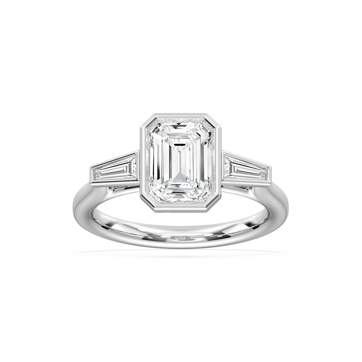 Sydney 2 ½ ctw Emerald LGD Couture Bezel Set Three Stone Engagement Ring - 18K White Gold / E-VS1