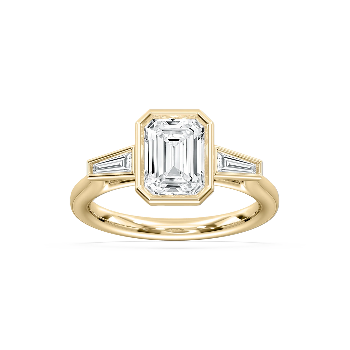 Sydney 2 ½ ctw Emerald LGD Couture Bezel Set Three Stone Engagement Ring - 18K Yellow Gold / E-VS1