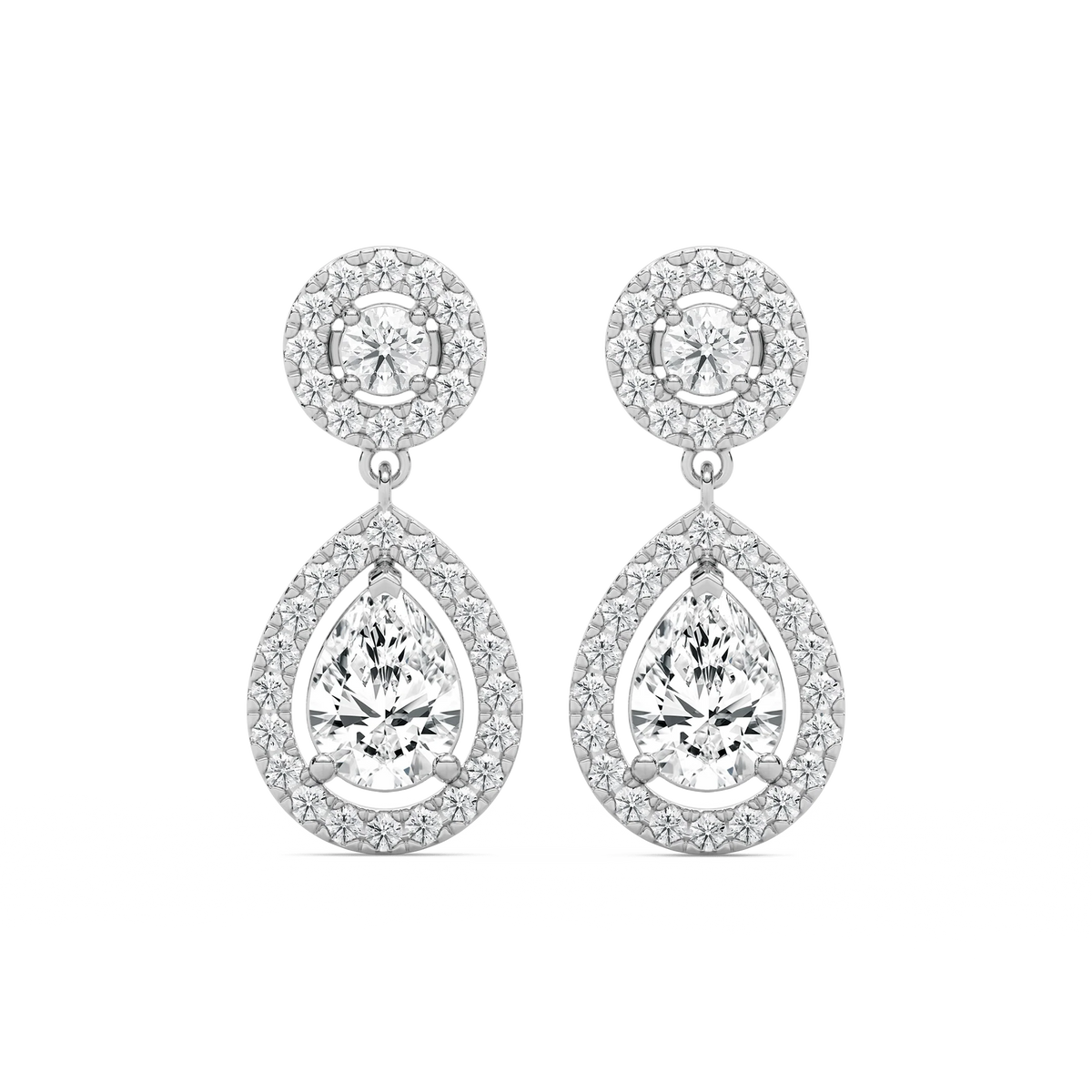 2 ¹/₅  ctw Pear and Round LGD Double Halo Drop Earrings - 14K White Gold
