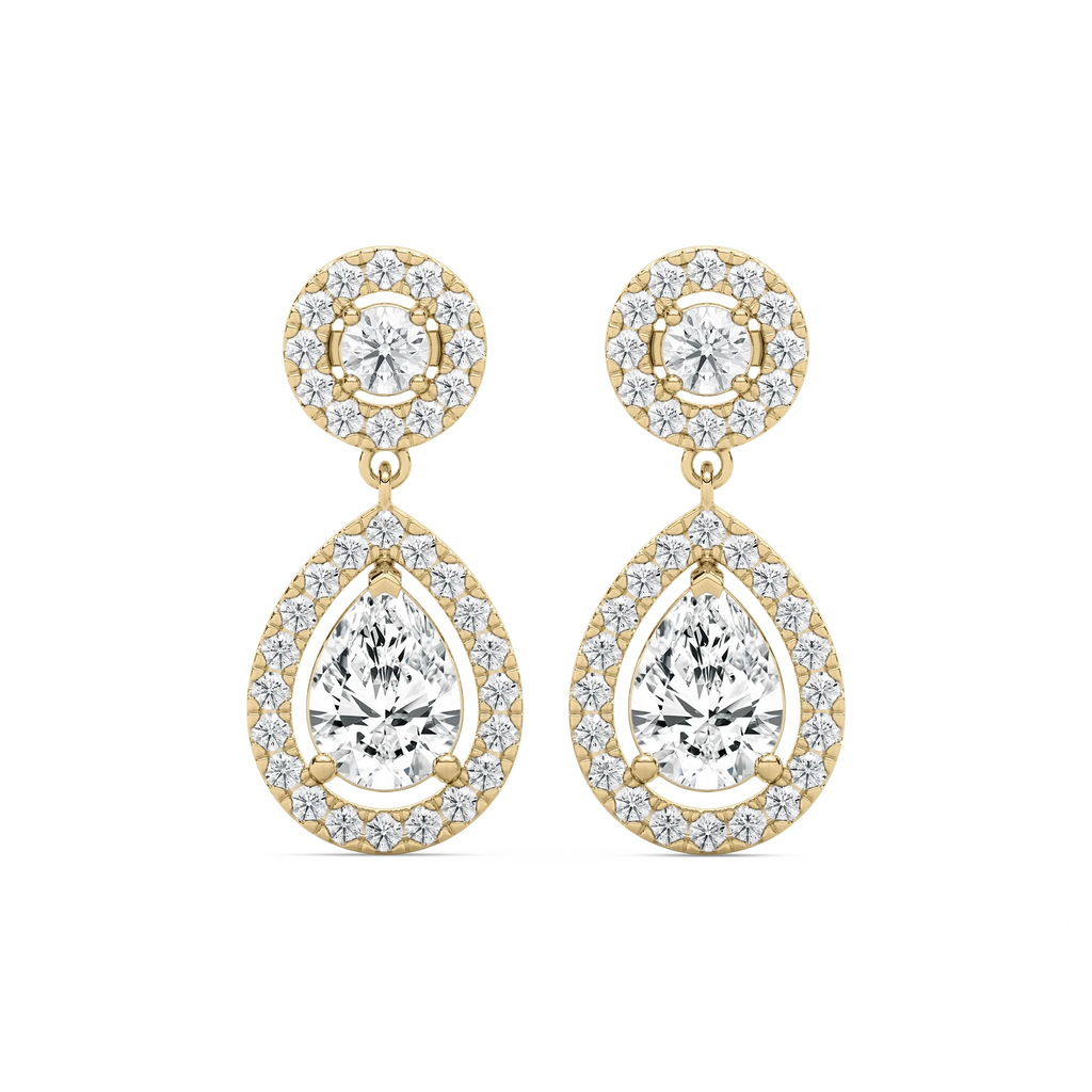 2 ¹/₅  ctw Pear and Round LGD Double Halo Drop Earrings - 14K Yellow Gold