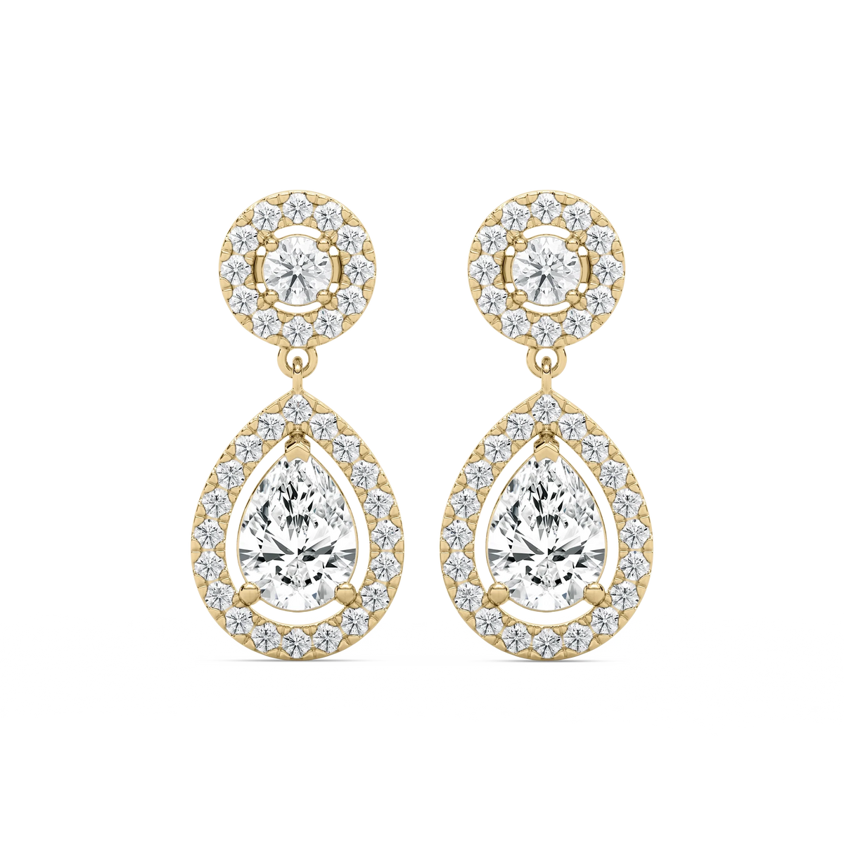 2 ¹/₅  ctw Pear and Round LGD Double Halo Drop Earrings - 14K Yellow Gold