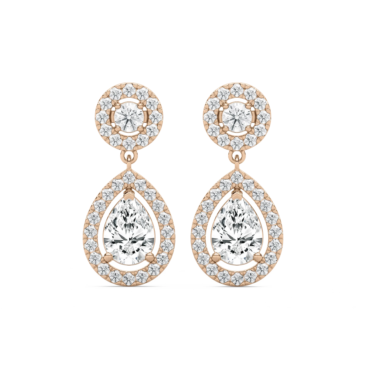 2 ¹/₅  ctw Pear and Round LGD Double Halo Drop Earrings - 14K Rose Gold