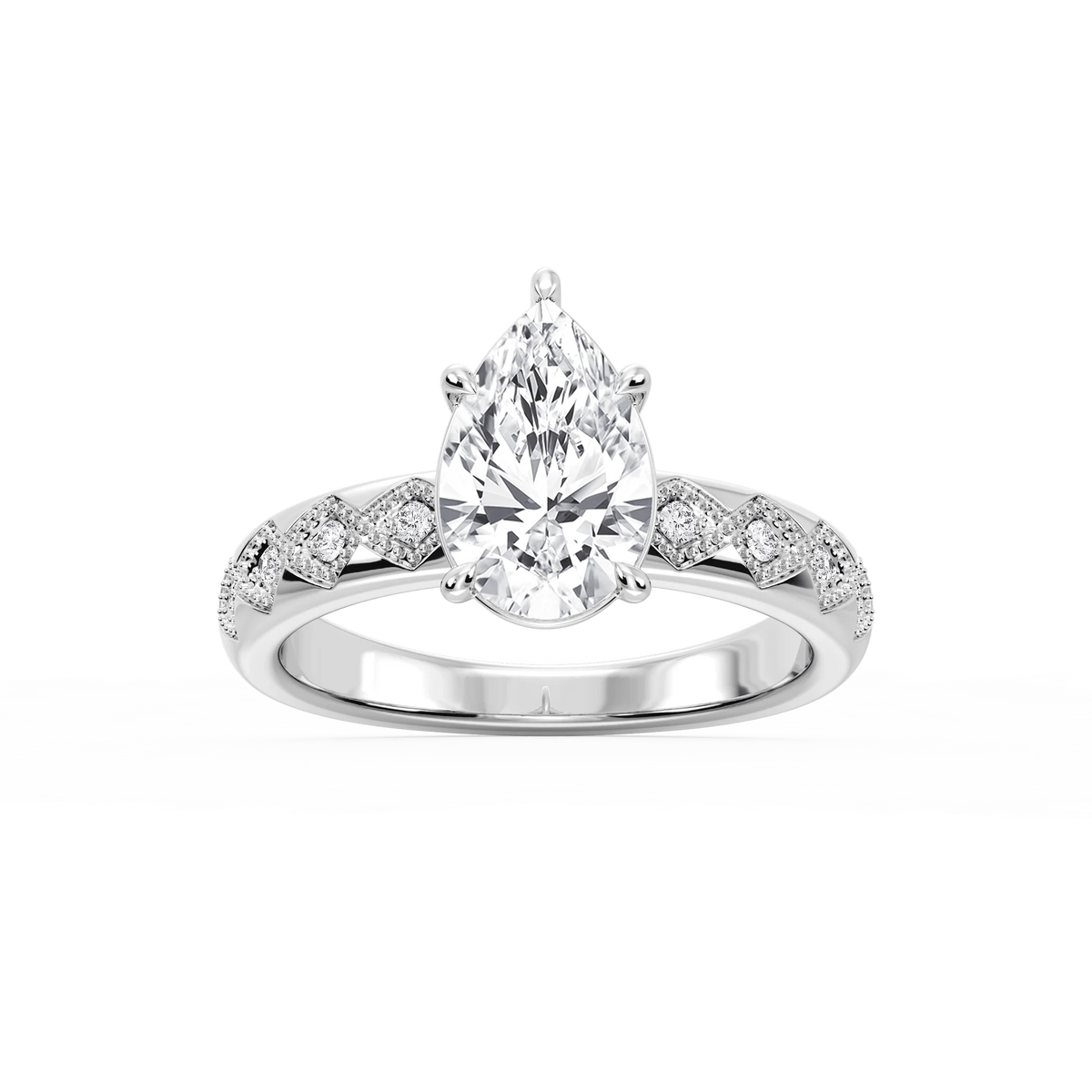 Edith Pear LGD Accent Milgrain Side Stone Engagement Ring - 14K White Gold