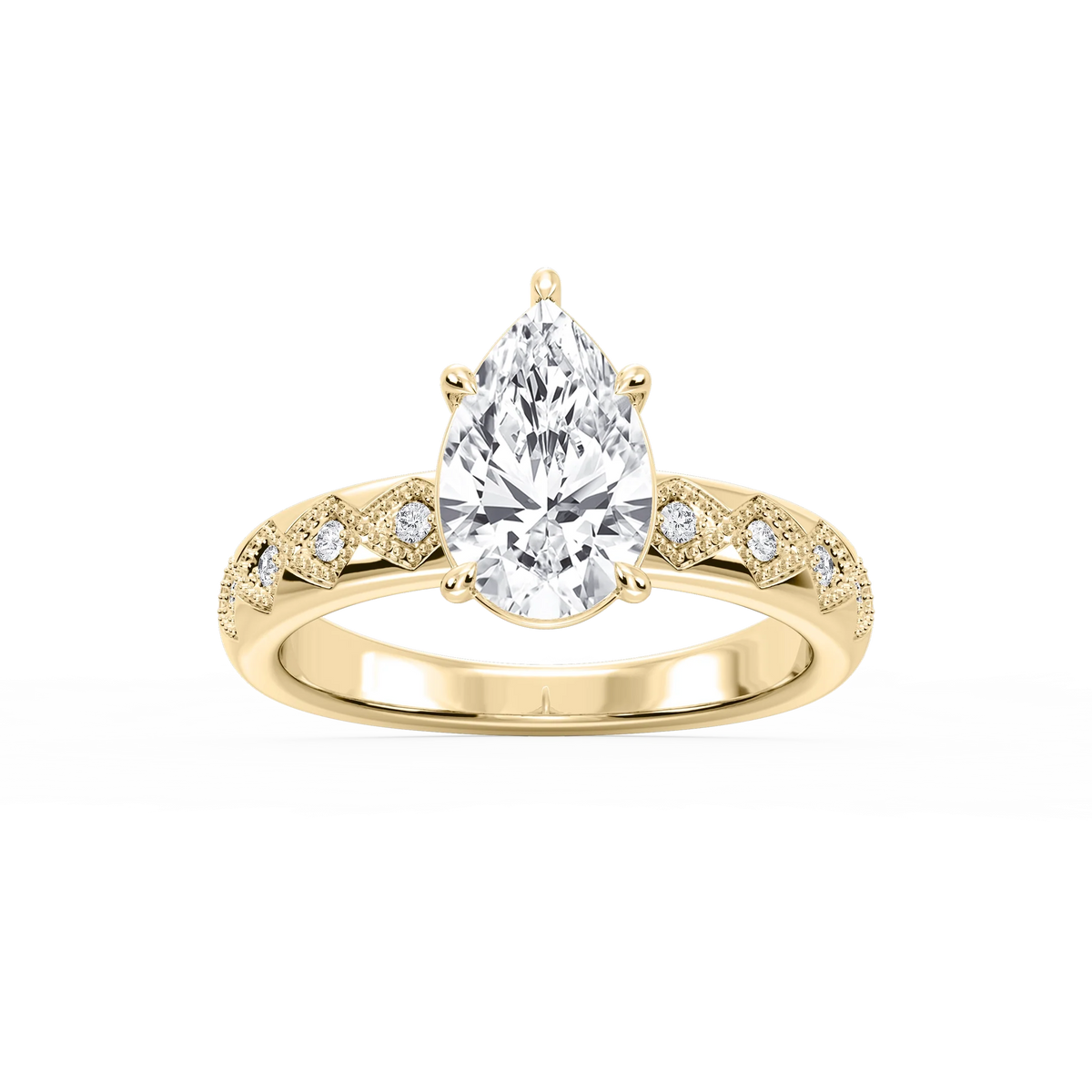Edith Pear LGD Accent Milgrain Side Stone Engagement Ring - 14K Yellow Gold