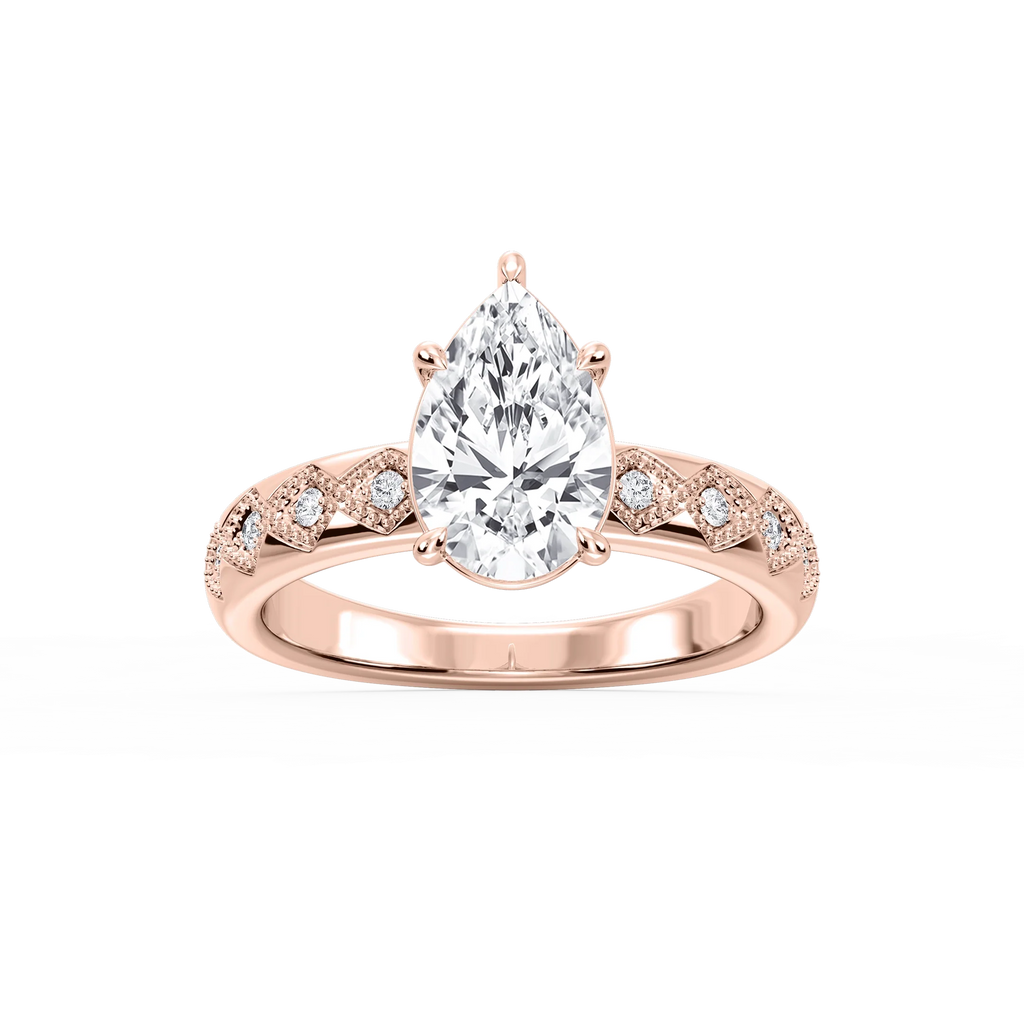 Edith Pear LGD Accent Milgrain Side Stone Engagement Ring - 14K Rose Gold