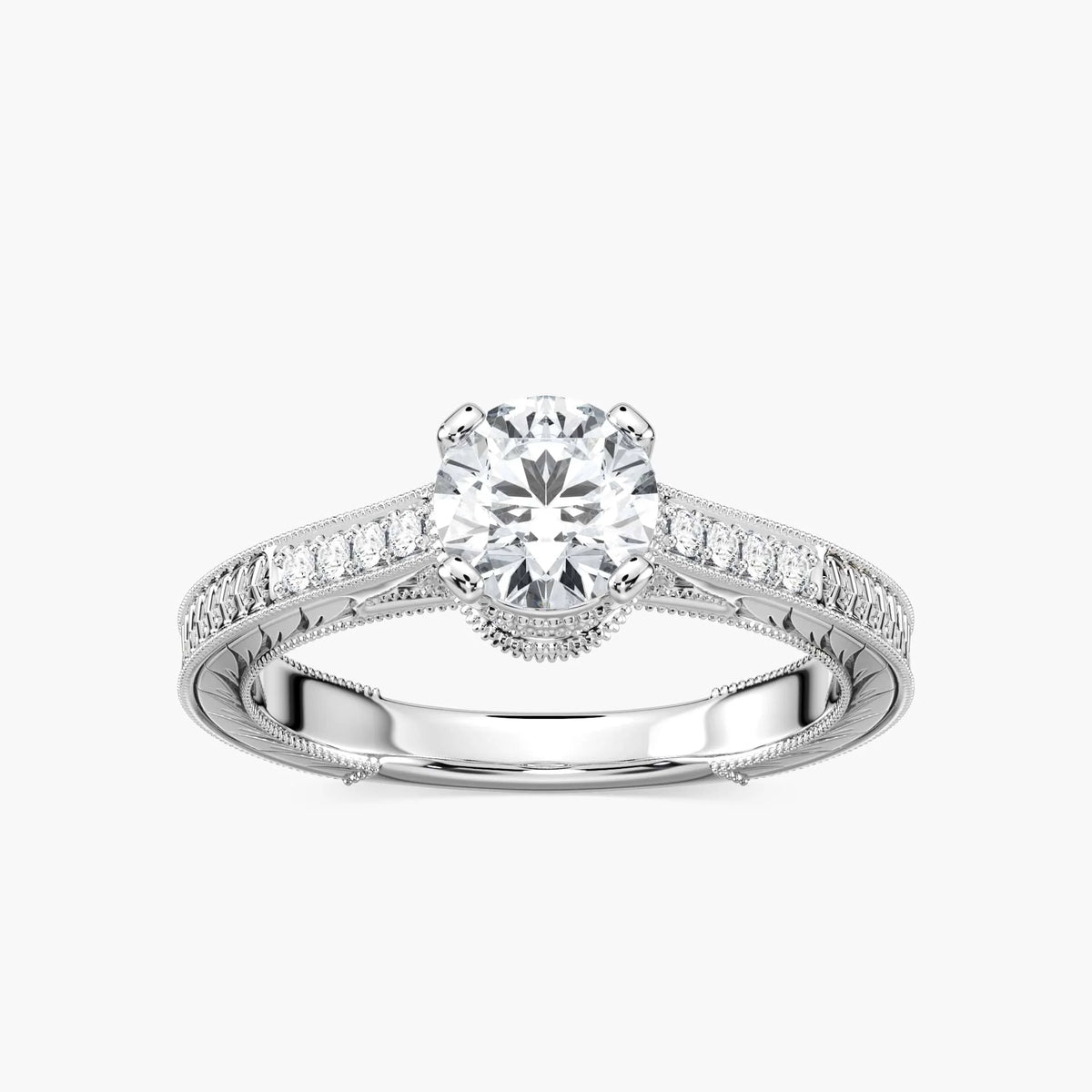 Ella Round LGD Vintage Antique Crown Side Stone Engagement Ring - 14K White Gold