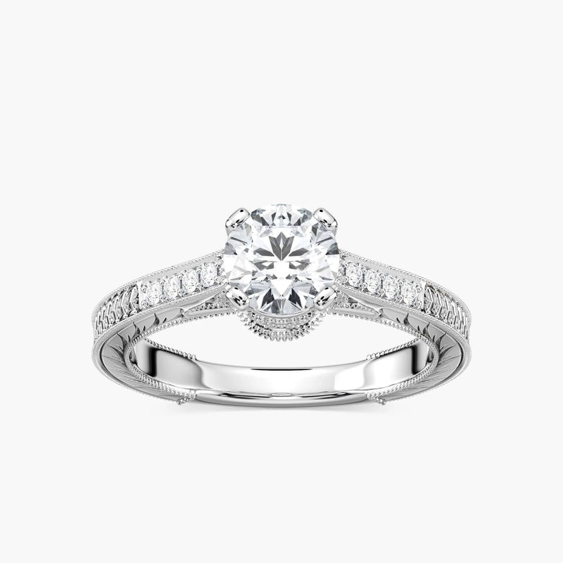 Ella Round LGD Vintage Antique Crown Side Stone Engagement Ring - 14K White Gold