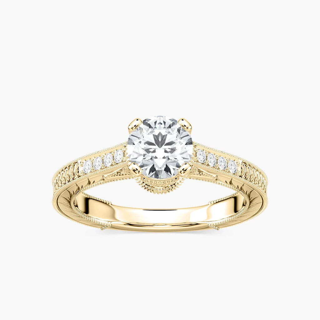 Ella Round LGD Vintage Antique Crown Side Stone Engagement Ring - 18K Yellow Gold