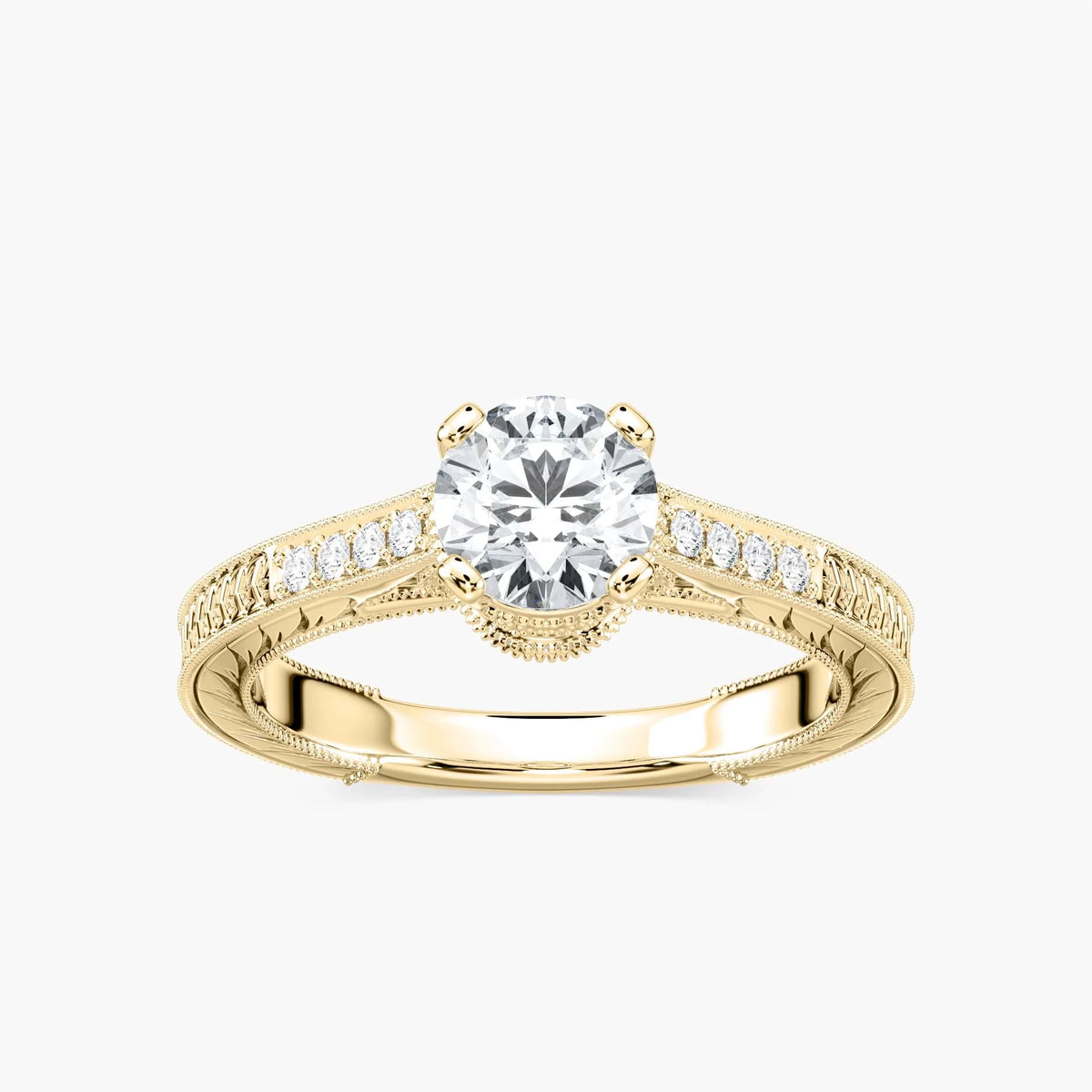 Ella Round LGD Vintage Antique Crown Side Stone Engagement Ring - 18K Yellow Gold