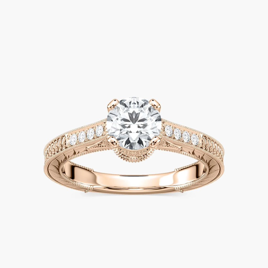 Ella Round LGD Vintage Antique Crown Side Stone Engagement Ring - 18K Rose Gold