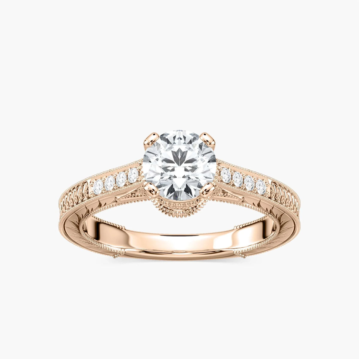 Ella Round LGD Vintage Antique Crown Side Stone Engagement Ring - 18K Rose Gold