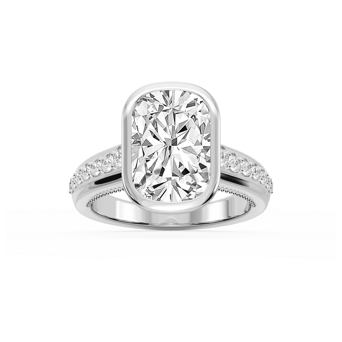 Ellen Elongated Cushion LGD Bezel Side Stone Engagement Ring - 14K White Gold