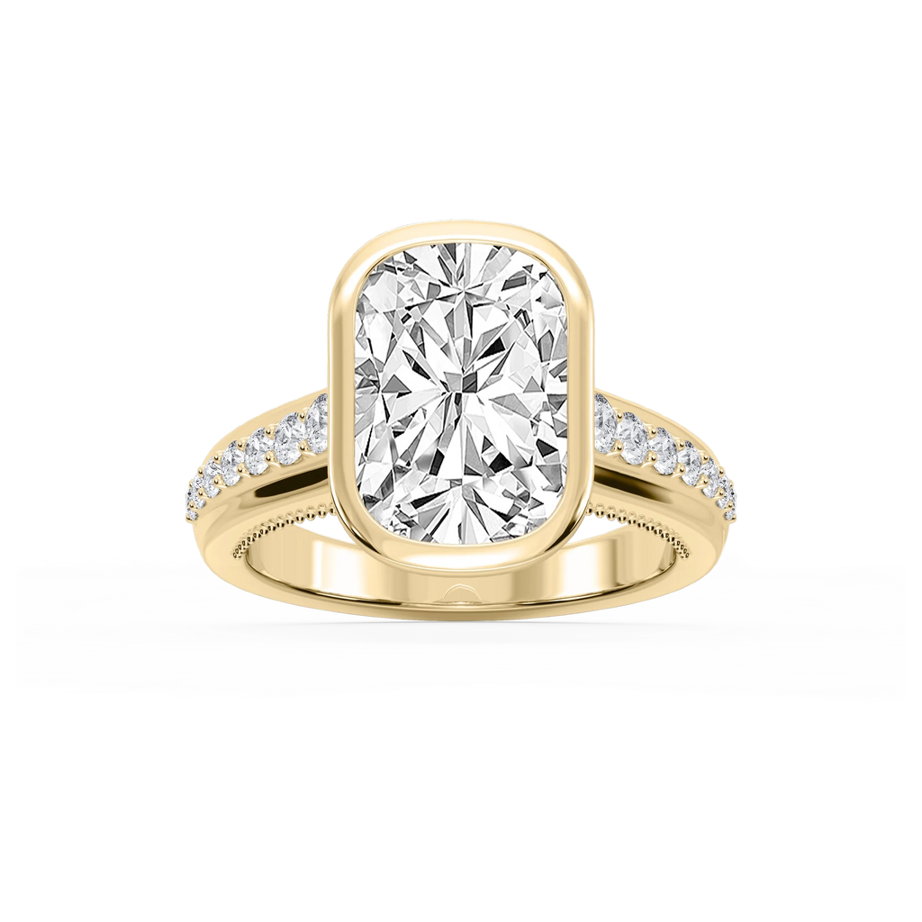 Ellen Elongated Cushion LGD Bezel Side Stone Engagement Ring - 14K Yellow Gold