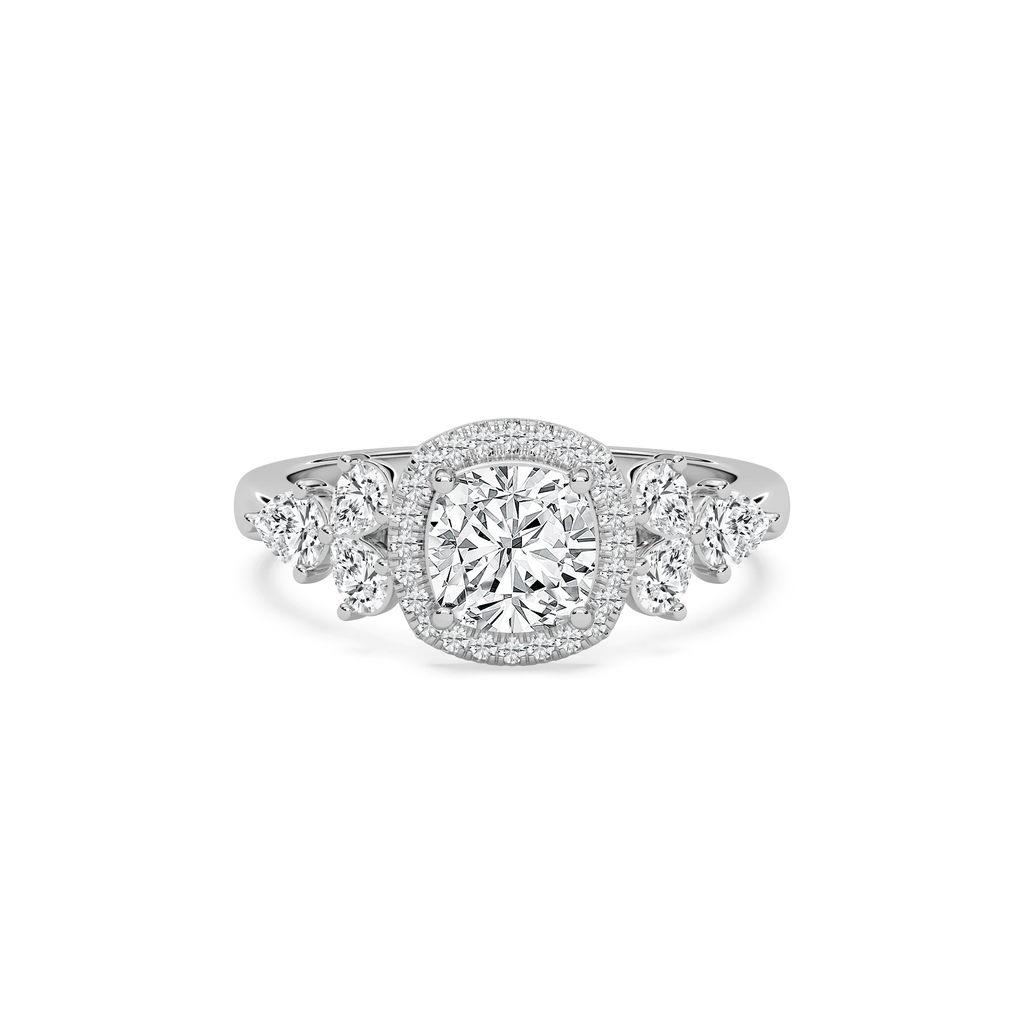Ember 3 ²⁄₃ ctw Cushion LGD Pear Sides Halo Engagement Ring - 14K White Gold / F-VS2