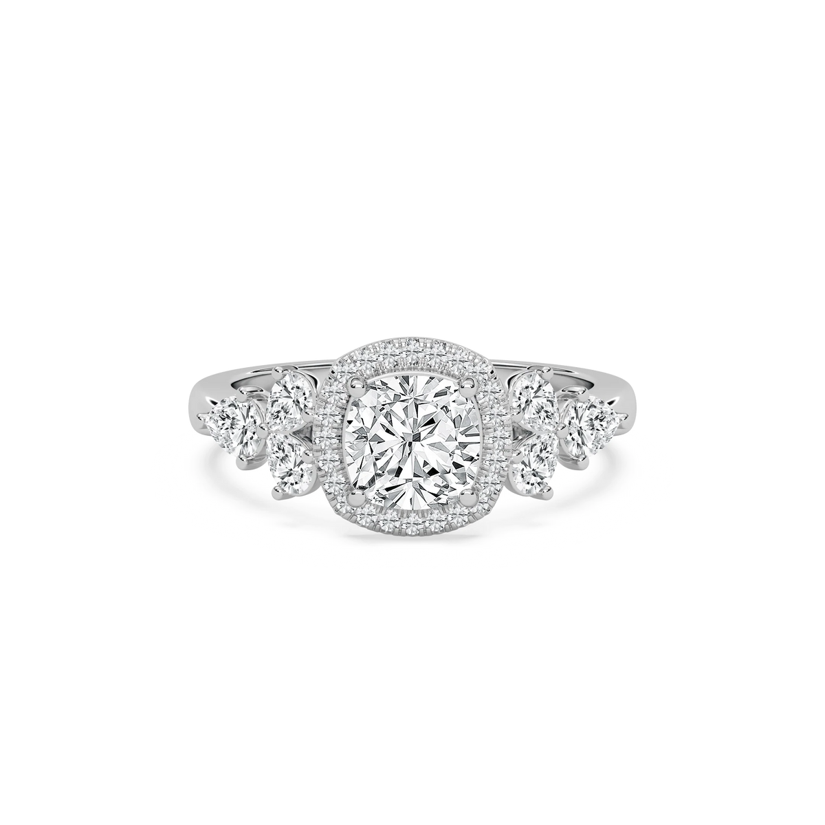 Ember 3 ²⁄₃ ctw Cushion LGD Pear Sides Halo Engagement Ring - 14K White Gold / F-VS2