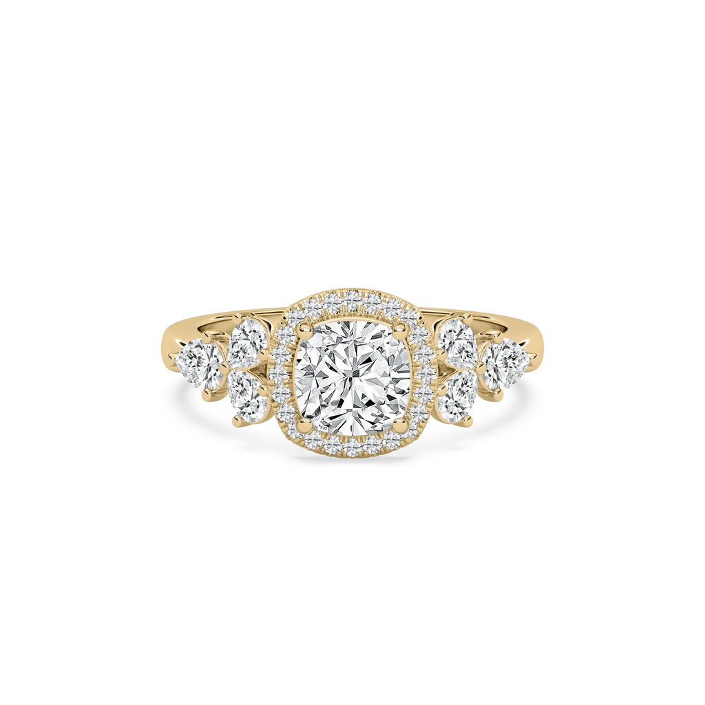 Ember 3 ²⁄₃ ctw Cushion LGD Pear Sides Halo Engagement Ring - 14K Yellow Gold / F-VS2