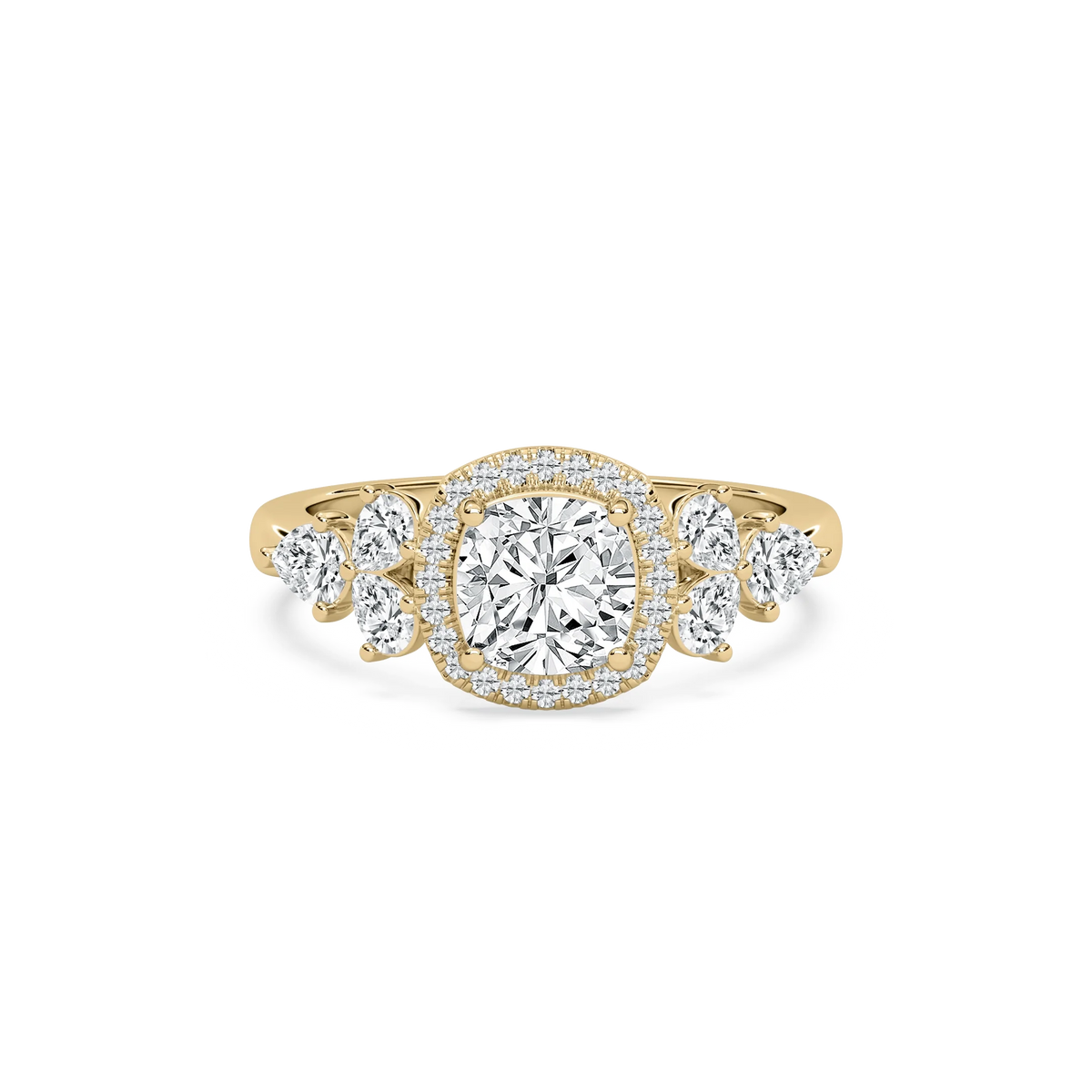 Ember 3 ²⁄₃ ctw Cushion LGD Pear Sides Halo Engagement Ring - 14K Yellow Gold / F-VS2