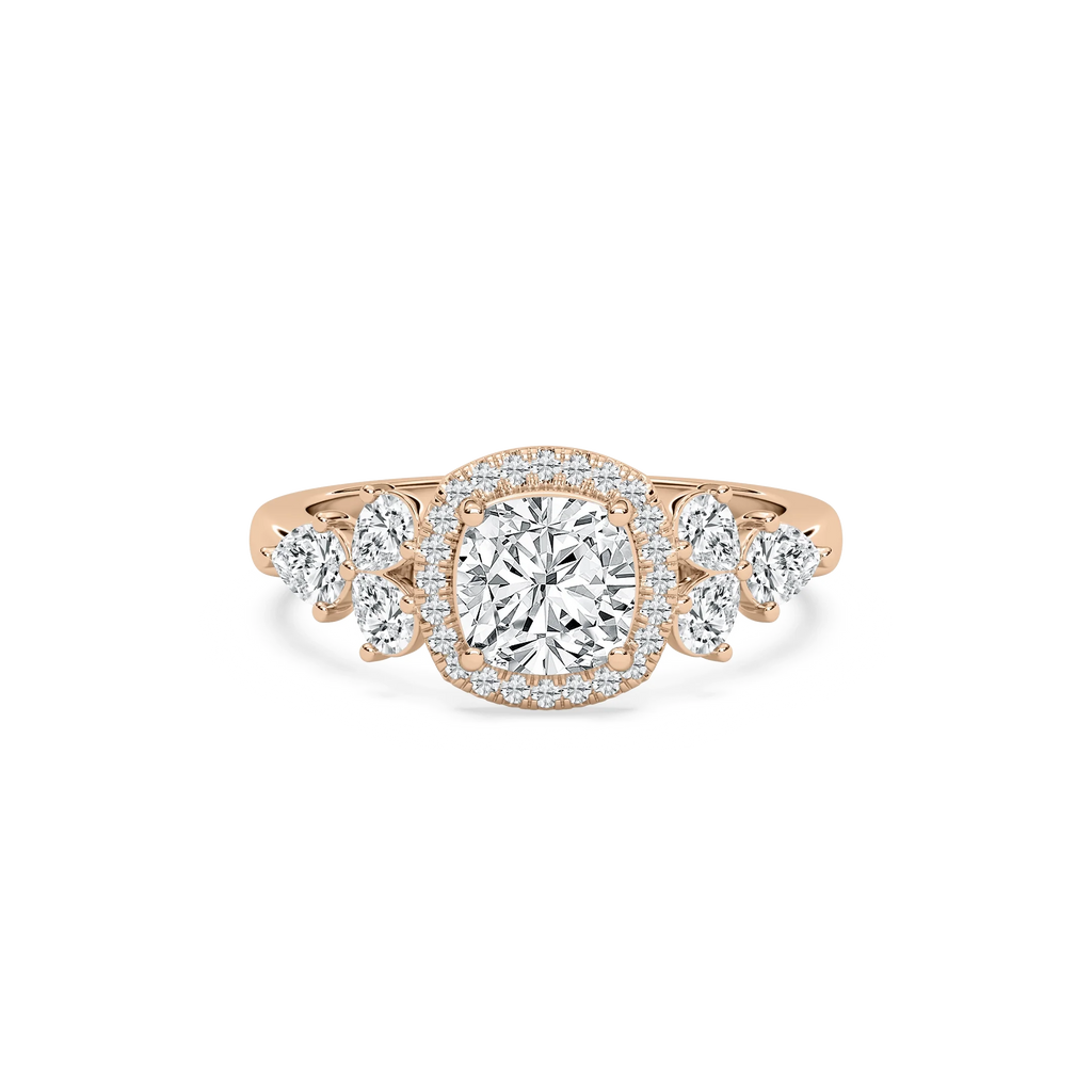 Ember 3 ²⁄₃ ctw Cushion LGD Pear Sides Halo Engagement Ring - 14K Rose Gold / F-VS2
