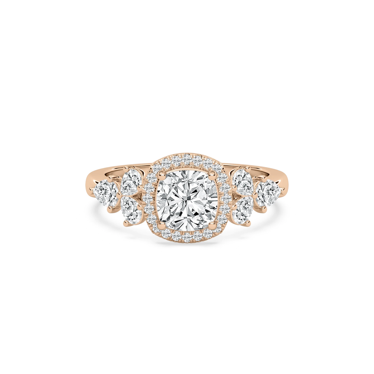 Ember 3 ²⁄₃ ctw Cushion LGD Pear Sides Halo Engagement Ring - 14K Rose Gold / F-VS2