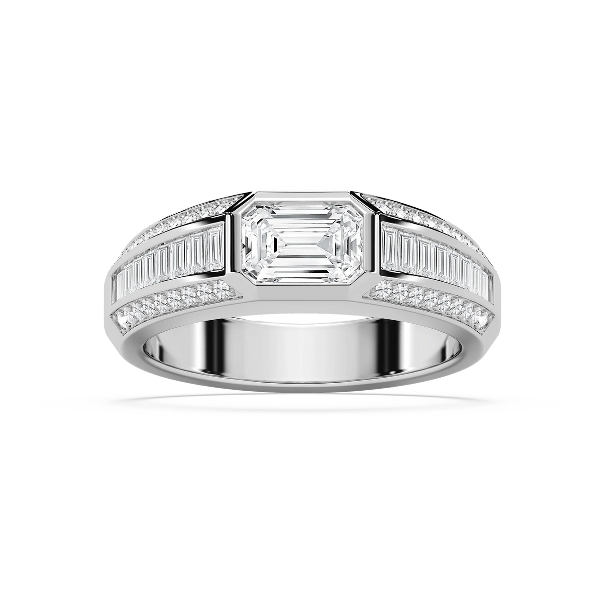 Theodore 2 ⅜ ctw Emerald, Baguette and Round LGD 4.45mm East West Bezel Mens Wedding Band