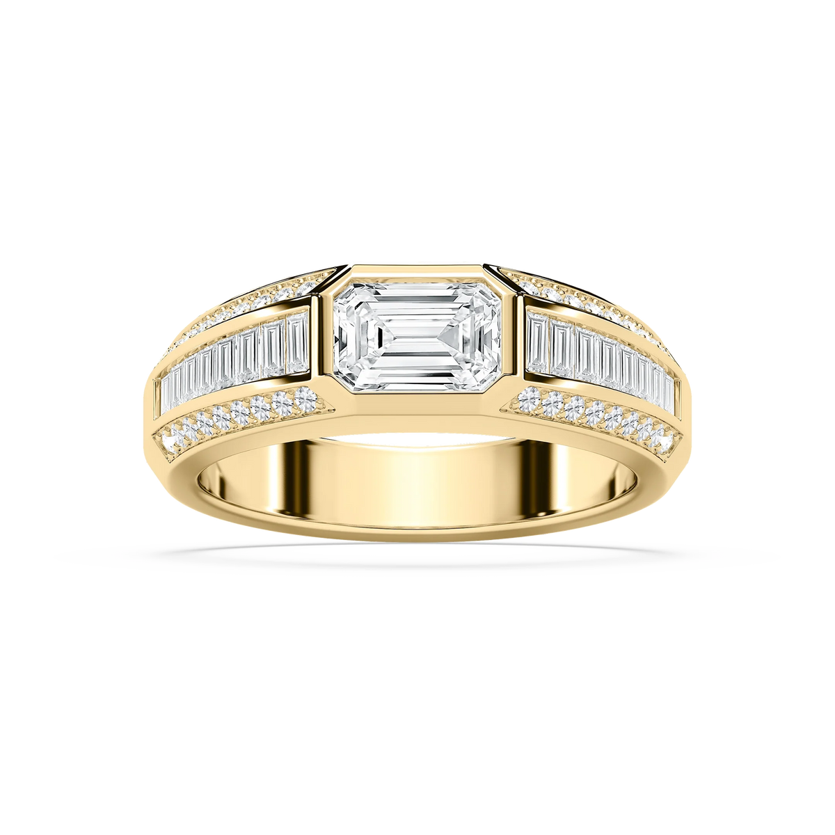 Theodore 2 ⅜ ctw Emerald, Baguette and Round LGD 4.45mm East West Bezel Mens Wedding Band