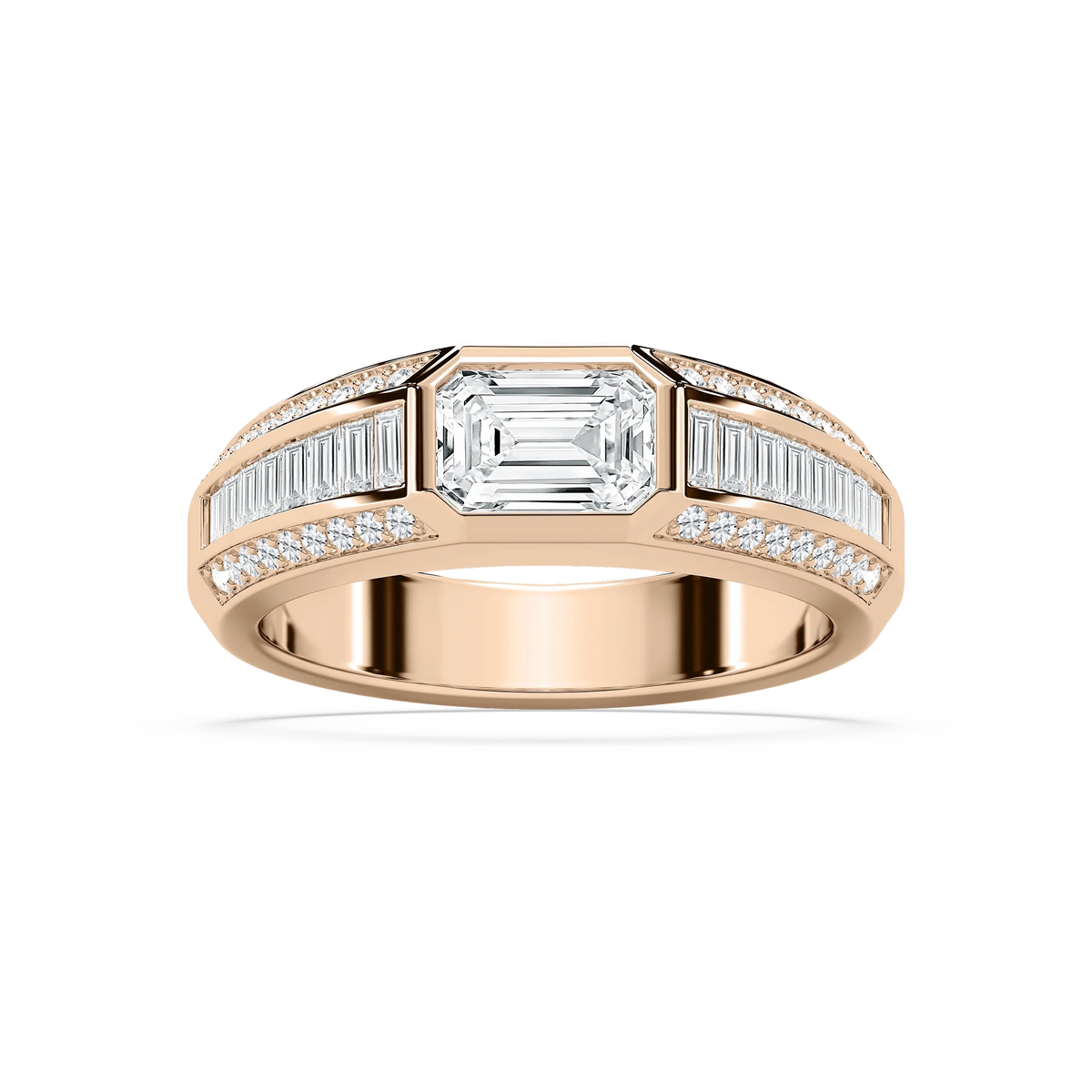 Theodore 2 ⅜ ctw Emerald, Baguette and Round LGD 4.45mm East West Bezel Mens Wedding Band