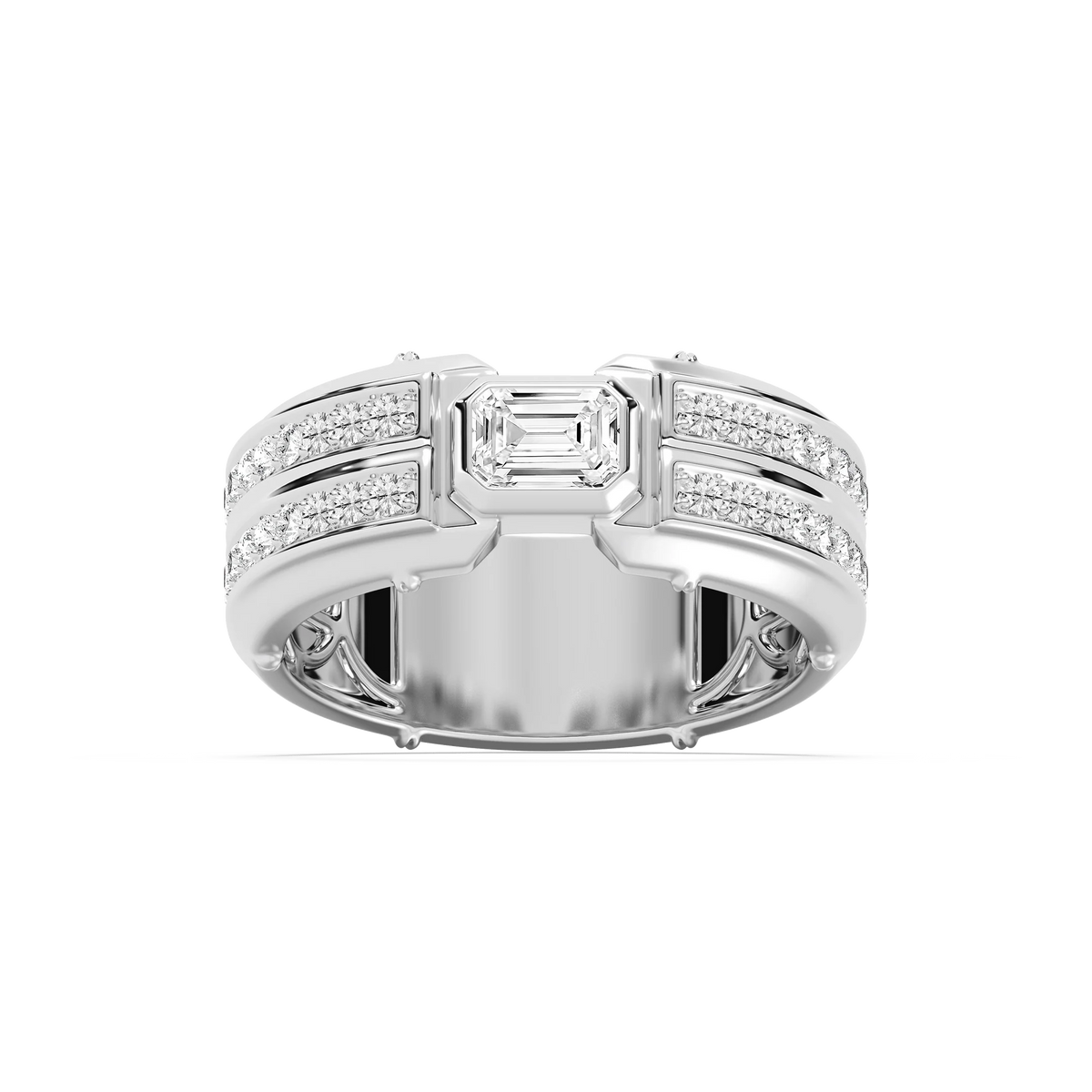 Cooper 1 ⅛ ctw Emerald and Round LGD 8.55mm Channel Mens Wedding Band - 14K White Gold