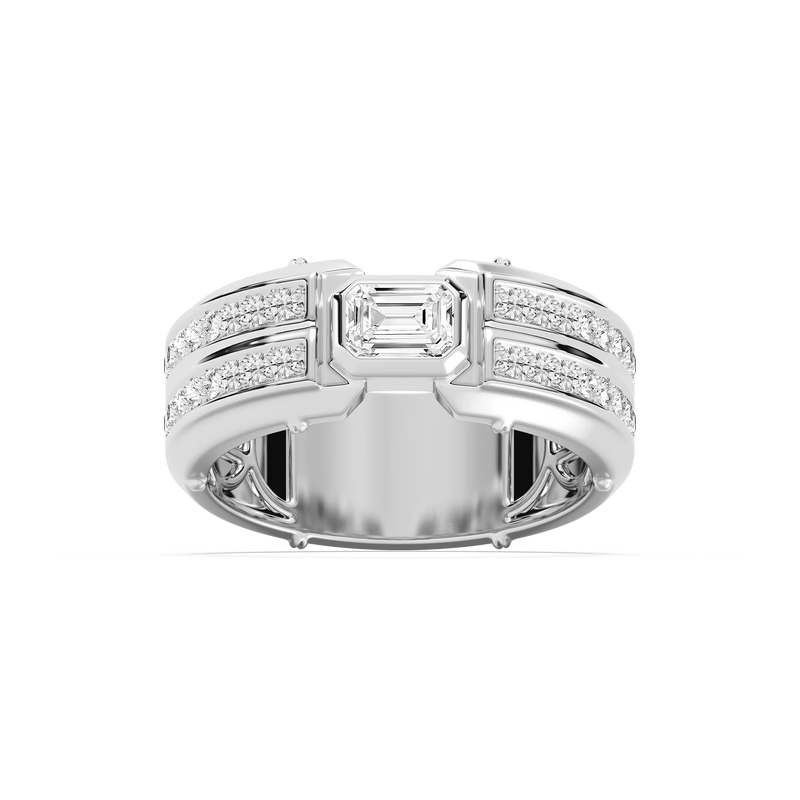 Cooper 1 ⅛ ctw Emerald and Round LGD 8.55mm Channel Mens Wedding Band - 14K White Gold