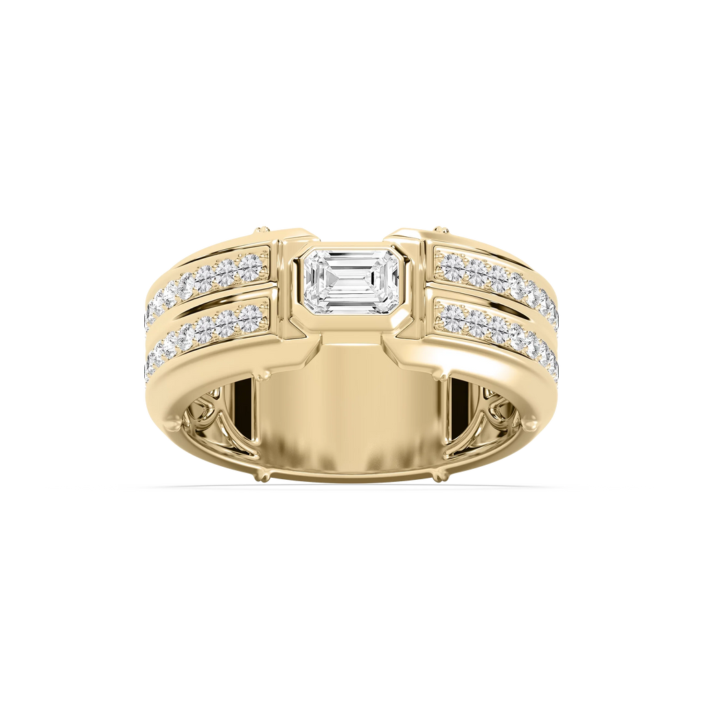 Cooper 1 ⅛ ctw Emerald and Round LGD 8.55mm Channel Mens Wedding Band - 14K Yellow Gold