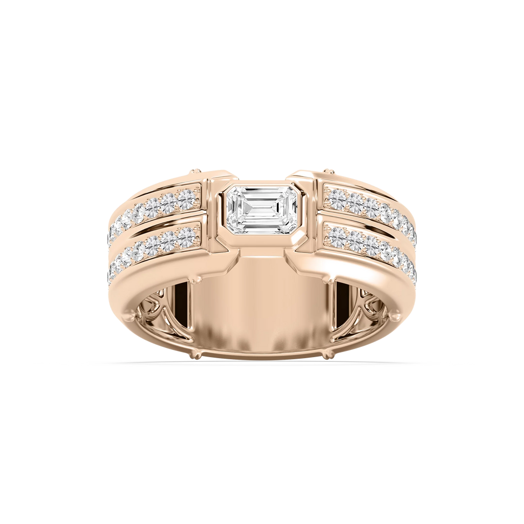 Cooper 1 ⅛ ctw Emerald and Round LGD 8.55mm Channel Mens Wedding Band - 14K Rose Gold
