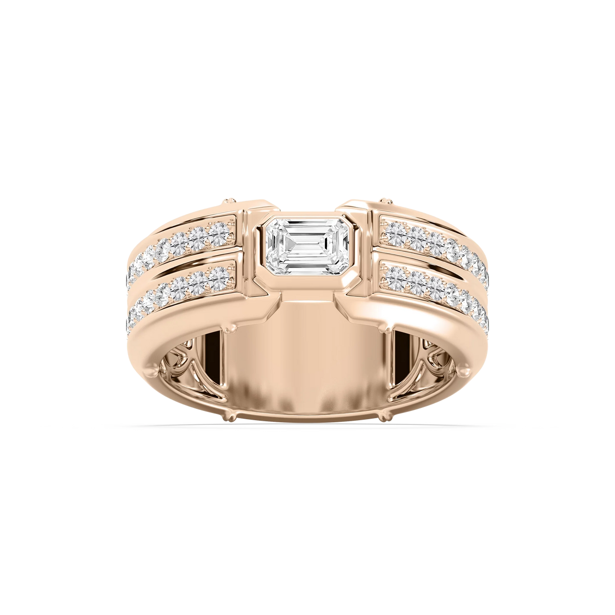 Cooper 1 ⅛ ctw Emerald and Round LGD 8.55mm Channel Mens Wedding Band - 14K Rose Gold