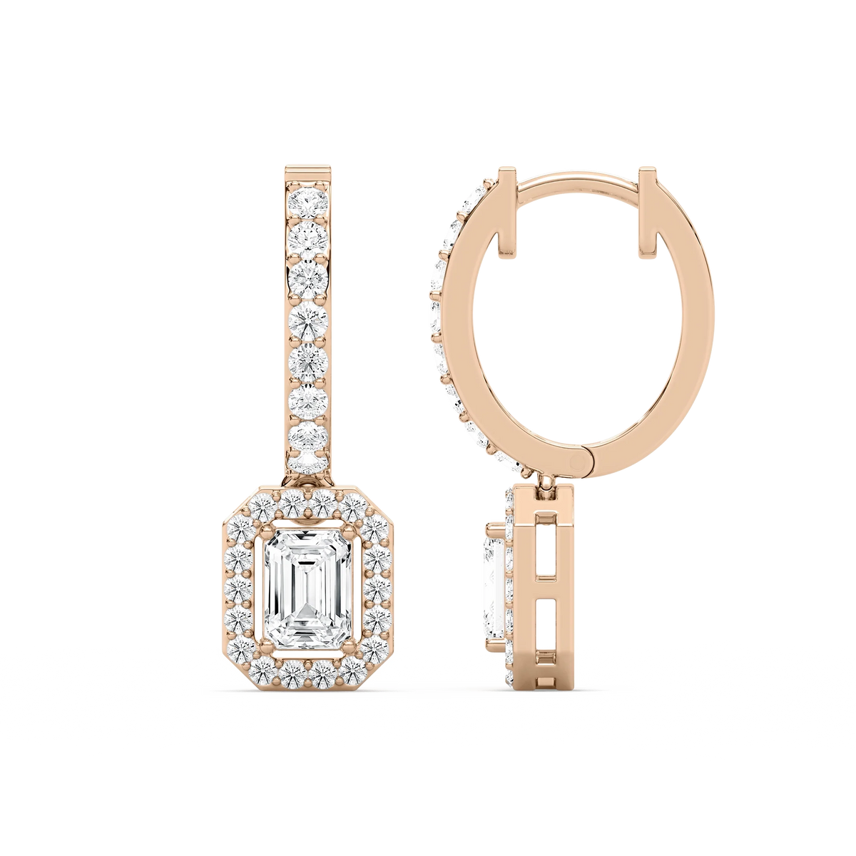 1 1/2 ctw Emerald LGD Halo Drop Earrings - 14K Rose Gold
