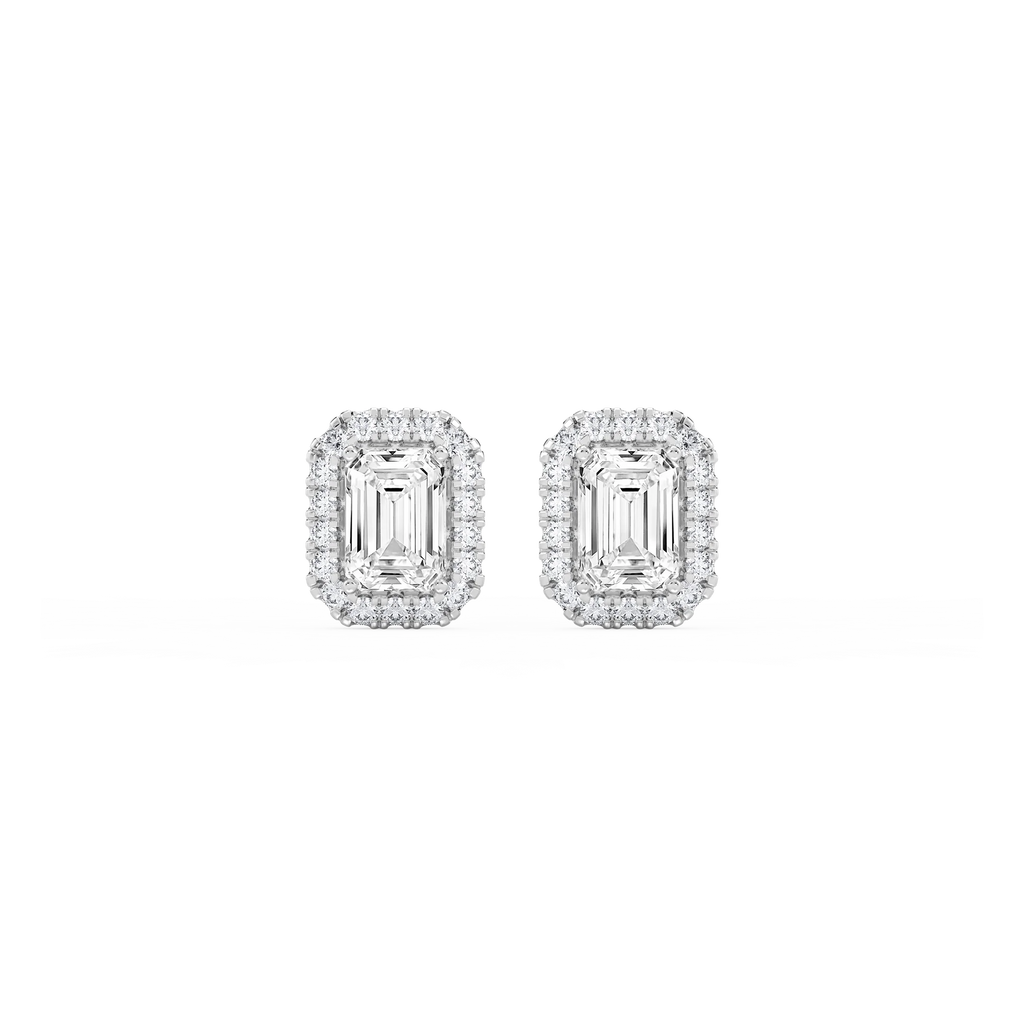 Emerald LGD Four Prong Basket Halo Stud Earrings - 14K White Gold / 2 ¼ ctw