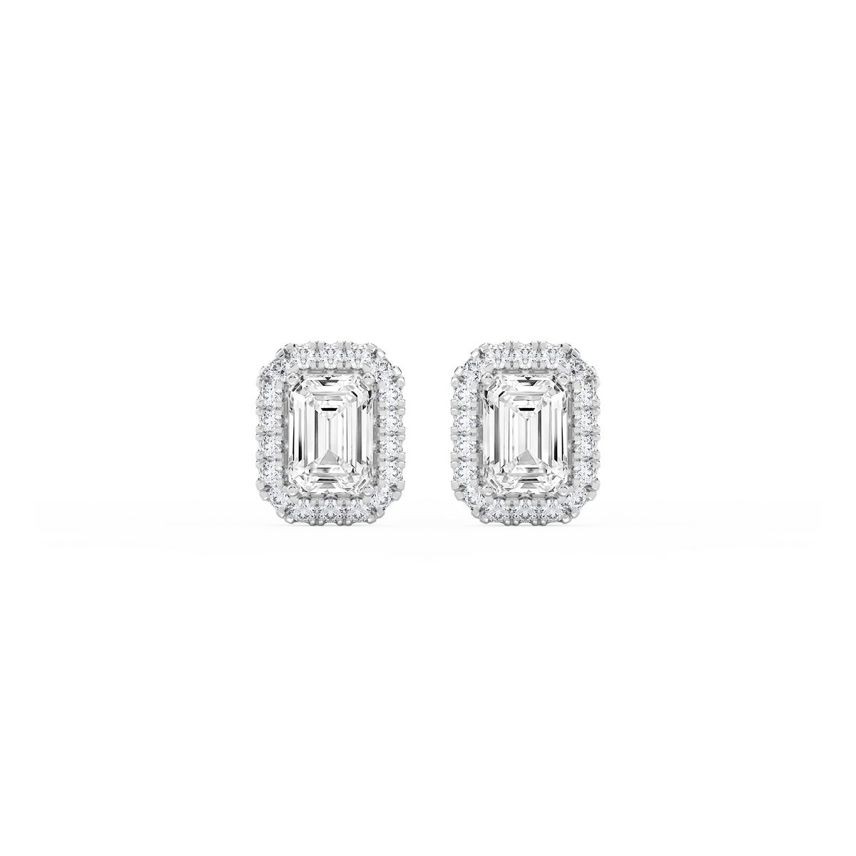 Emerald LGD Four Prong Basket Halo Stud Earrings - 14K White Gold / 2 ¼ ctw