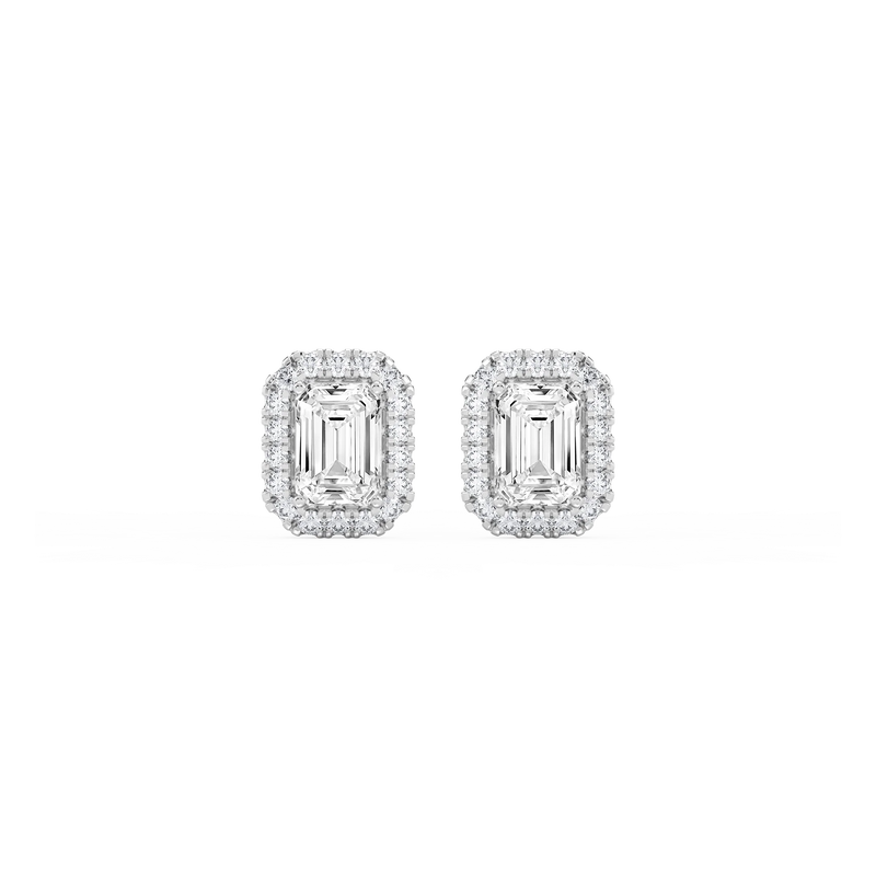 Emerald LGD Four Prong Basket Halo Stud Earrings - 14K White Gold / 2 ¼ ctw
