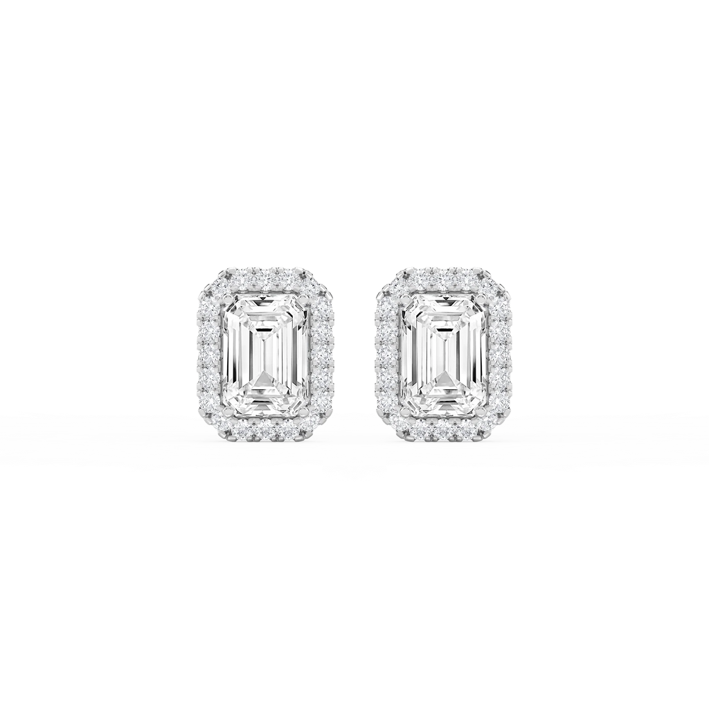 Emerald LGD Four Prong Basket Halo Stud Earrings - 14K White Gold / 4 ½ ctw