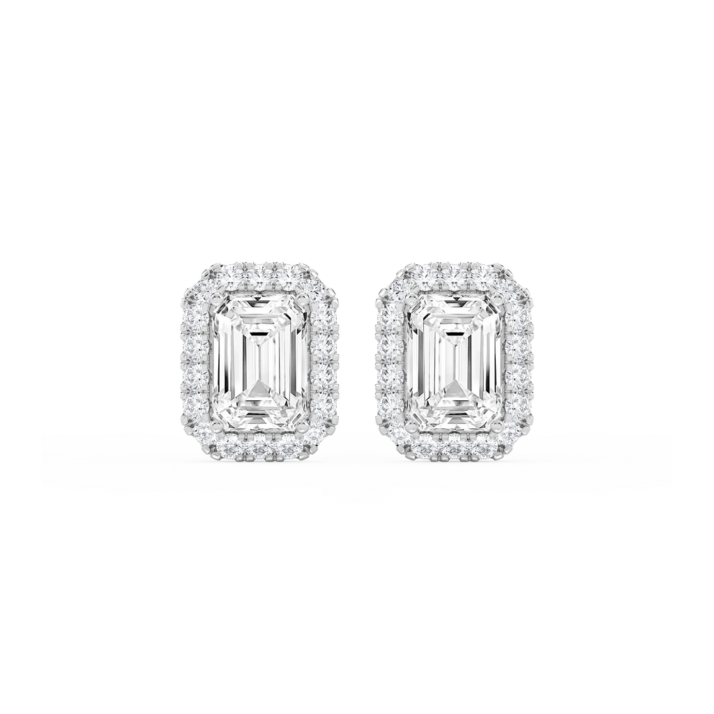 Emerald LGD Four Prong Basket Halo Stud Earrings - 14K White Gold / 5 ½ ctw