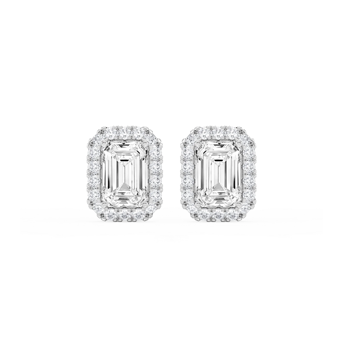 Emerald LGD Four Prong Basket Halo Stud Earrings - 14K White Gold / 5 ½ ctw