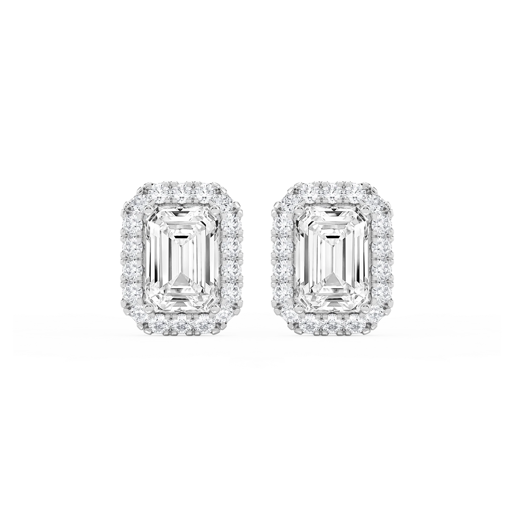 Emerald LGD Four Prong Basket Halo Stud Earrings - 14K White Gold / 6 ⅝ ctw